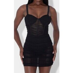LEAU Miami Dress Womens Medium Black Ruched Mesh Corset Bustier Bodycon Mini